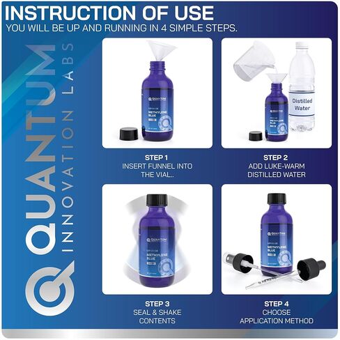 مختبرات Quantum-Innovation-Labs، مسحوق الميثيلين الأزرق من الدرجة الصيدلانية - 6 جرام - تم اختباره في معمل طرف ثالث معتمد من ISO بنسبة 99+% - متوافق مع درجة USP - متضمن دورق قمع قطارة (6 جرامات) in Kuwait