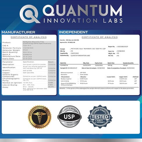 مختبرات Quantum-Innovation-Labs، مسحوق الميثيلين الأزرق من الدرجة الصيدلانية - 6 جرام - تم اختباره في معمل طرف ثالث معتمد من ISO بنسبة 99+% - متوافق مع درجة USP - متضمن دورق قمع قطارة (6 جرامات) in Kuwait