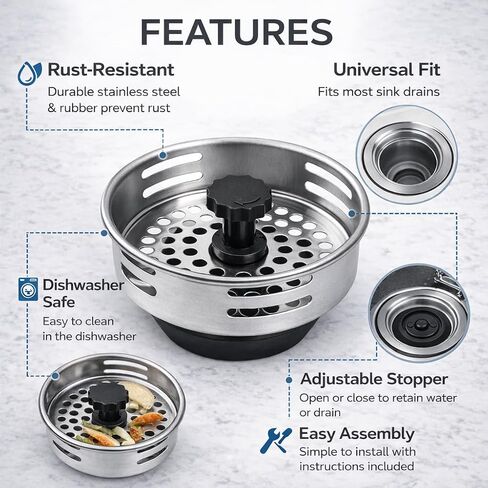 سدادة مصفاة حوض المطبخ من الفولاذ المقاوم للصدأ، سلة تصريف مناسبة عالميًا مع جذع قابل للتعديل، مضادة للانسداد، مقاومة للصدأ، آمنة للاستخدام في غسالة الأطباق، فضي وأسود in Kuwait