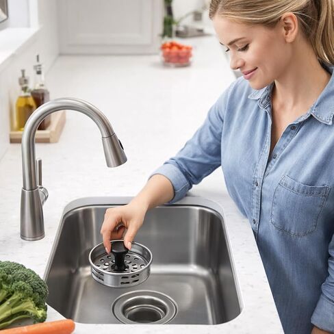سدادة مصفاة حوض المطبخ من الفولاذ المقاوم للصدأ، سلة تصريف مناسبة عالميًا مع جذع قابل للتعديل، مضادة للانسداد، مقاومة للصدأ، آمنة للاستخدام في غسالة الأطباق، فضي وأسود in Kuwait
