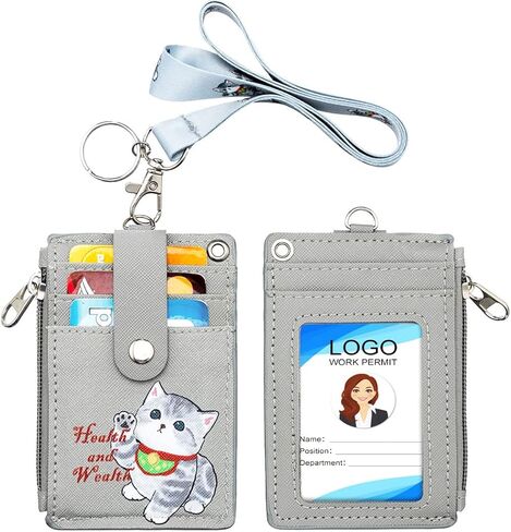 HASFINE ID Badge Holder with Lanyard - Durable PU Leather ID Card Holder, Cartoon Rabbit Design, Zipper Pocket, and Keychain Neck Lanyard for Students, Work Staff and Teens in Kuwait