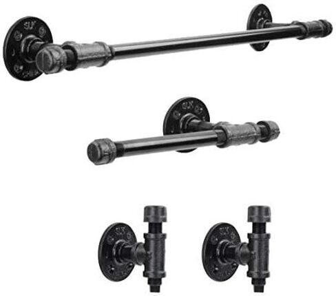 Rustic Pipe Decor 4 Piece Bathware Fixture Set, Wall Mount Kit Includes 18 Inch Towel Bar Rack, Two Robe Hooks and Toilet Paper Holder, Industrial Vintage Farmhouse DIY Bathroom Hardware, Black Pipes in Kuwait