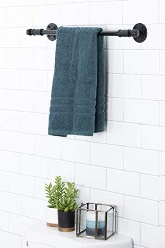 Rustic Pipe Decor 4 Piece Bathware Fixture Set, Wall Mount Kit Includes 18 Inch Towel Bar Rack, Two Robe Hooks and Toilet Paper Holder, Industrial Vintage Farmhouse DIY Bathroom Hardware, Black Pipes in Kuwait