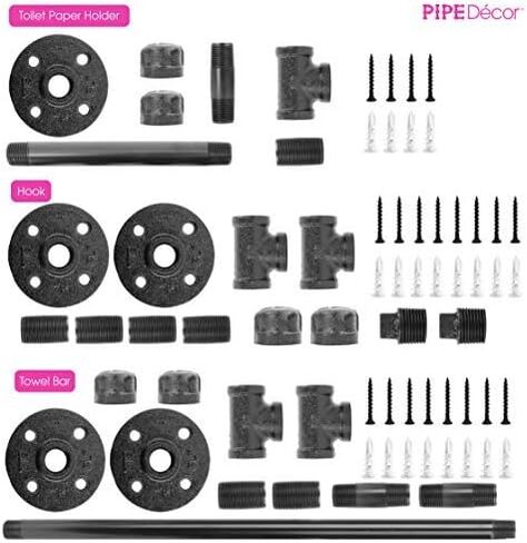 Rustic Pipe Decor 4 Piece Bathware Fixture Set, Wall Mount Kit Includes 18 Inch Towel Bar Rack, Two Robe Hooks and Toilet Paper Holder, Industrial Vintage Farmhouse DIY Bathroom Hardware, Black Pipes in Kuwait