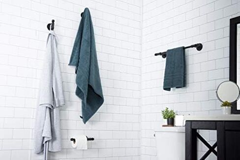 Rustic Pipe Decor 4 Piece Bathware Fixture Set, Wall Mount Kit Includes 18 Inch Towel Bar Rack, Two Robe Hooks and Toilet Paper Holder, Industrial Vintage Farmhouse DIY Bathroom Hardware, Black Pipes in Kuwait