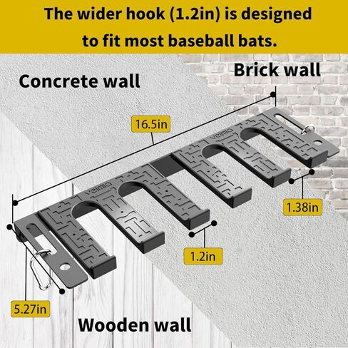 veimia Baseball Bat Holder Wall Mount, Baseball Bat Storage Rack, Holds 10 Bats on Wooden or Concrete Wall, Metal Bat Hanger with Fully Wrapped Rubber Mat, Bat Holder in Kuwait