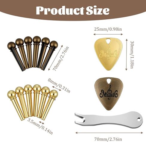 Acoustic Guitar Bridge Pins and Guitar Bridge Pins Remover with 2 Metal Guitars Picks, 12 Metal Guitars Pegs Replacement Parts and Accessories in Kuwait