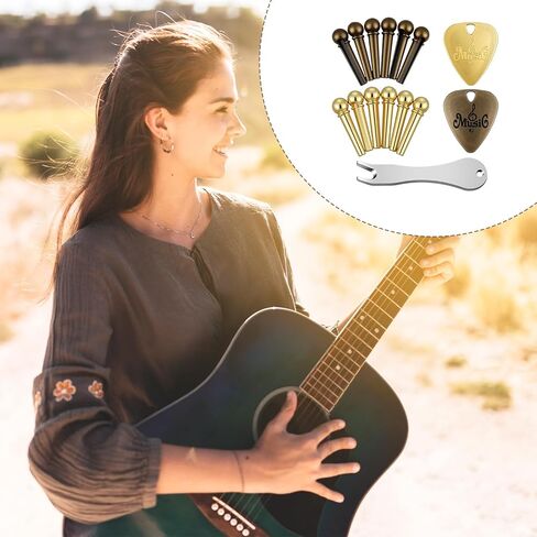 Acoustic Guitar Bridge Pins and Guitar Bridge Pins Remover with 2 Metal Guitars Picks, 12 Metal Guitars Pegs Replacement Parts and Accessories in Kuwait