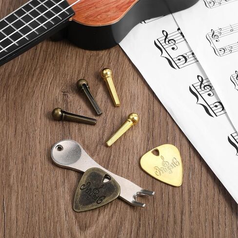 Acoustic Guitar Bridge Pins and Guitar Bridge Pins Remover with 2 Metal Guitars Picks, 12 Metal Guitars Pegs Replacement Parts and Accessories in Kuwait