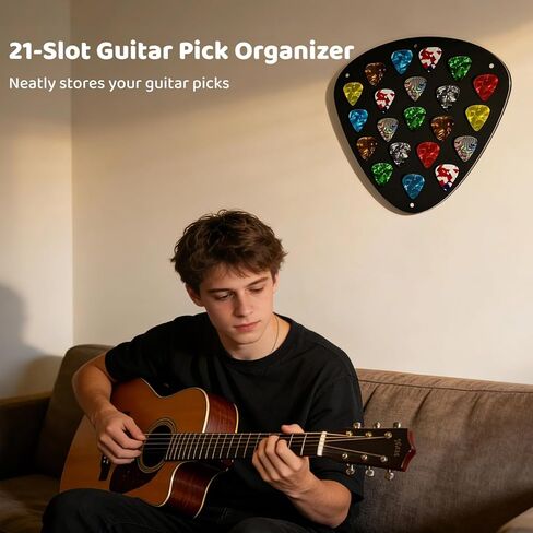 Joyibay Guitar Pick Holder Wall Mountable, 21 Slots Guitar Pick Display Case, Triangle Shape with with strong attachment force Panel, Easy to Hang, Cool Black, 9.37 x 8.66 in in Kuwait