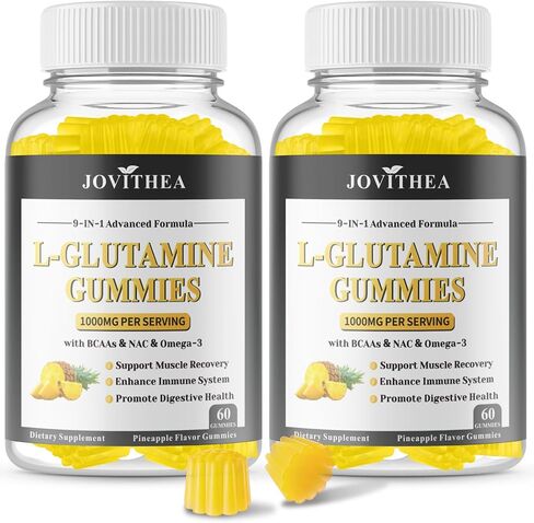 L-Glutamine Gummies 1000mg، مكمل الجلوتامين للنساء والرجال، مع BCAAs، المغنيسيوم وNAC، يدعم الأمعاء، صحة العضلات والمناعة، نباتي، غير معدّل وراثيًا، خالي من الغلوتين، صديق للكيتو، نكهة الأناناس، 60 قيراط in Kuwait
