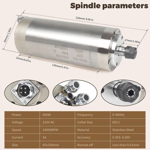 RATTMMOTOR 800W مجموعة محرك المغزل، محرك مغزل 65 مم مبرد بالماء 0.8KW 220V 400HZ+1.5KW VFD 220V أحادي إلى 3 مراحل عاكس محرك تردد متغير + حامل مغزل 65 مم + كوليت ER11 + مضخة مياه 80 وات in Saudi Arabia