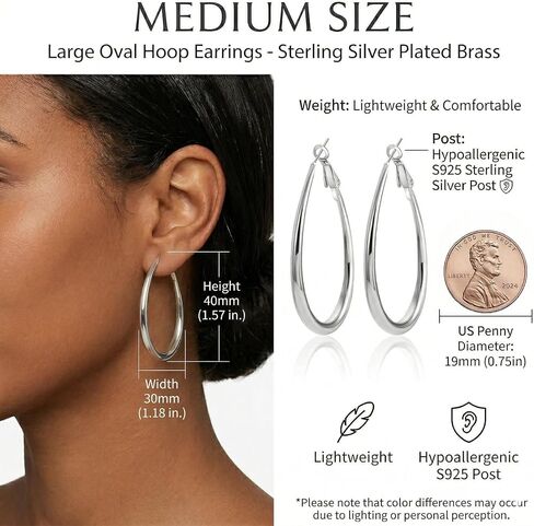 أقراط طوق بيضاوي خفيفة الوزن للنساء ، hypoallergenic و itme ، 925 Sterling Silver Plated ، هدية من قبل Febsky in Kuwait