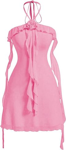 GORGLITTER Women's Flower Strapless Halter Bodycon Mini Dresses Elegant Classy Y2K Mesh Tassel Backless Summer Sundress in Saudi Arabia
