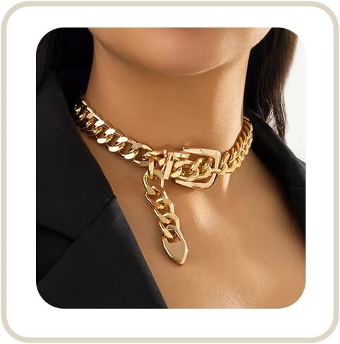Cuban Link Chain Necklace Punk Belt Buckle Shaped Chunky Choker Necklace Statement Thick Chain Necklace Jewelry Gifts for Women Men in Kuwait