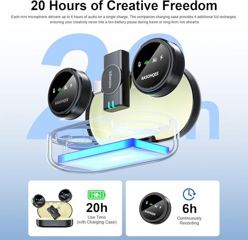 ميكروفون Lavalier لاسلكي لأجهزة iPhone 16/15/14/13 وiPad وAndroid، ميكروفون صغير بمشبك مغناطيسي مع علبة شحن، ميكروفون Lavalier وقت تشغيل يصل إلى 30 ساعة لـ Vlog TikTok، تقليل الضوضاء بالذكاء الاصطناعي in Kuwait