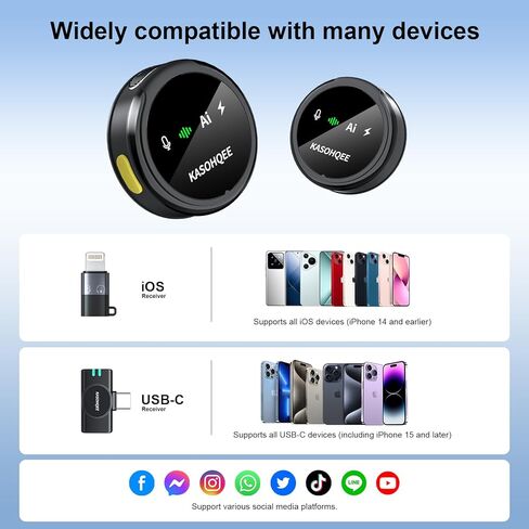 ميكروفون Lavalier لاسلكي لأجهزة iPhone 16/15/14/13 وiPad وAndroid، ميكروفون صغير بمشبك مغناطيسي مع علبة شحن، ميكروفون Lavalier وقت تشغيل يصل إلى 30 ساعة لـ Vlog TikTok، تقليل الضوضاء بالذكاء الاصطناعي in Kuwait