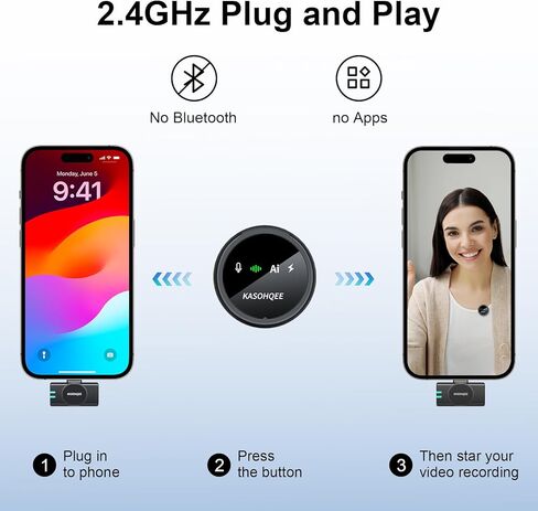 ميكروفون Lavalier لاسلكي لأجهزة iPhone 16/15/14/13 وiPad وAndroid، ميكروفون صغير بمشبك مغناطيسي مع علبة شحن، ميكروفون Lavalier وقت تشغيل يصل إلى 30 ساعة لـ Vlog TikTok، تقليل الضوضاء بالذكاء الاصطناعي in Kuwait