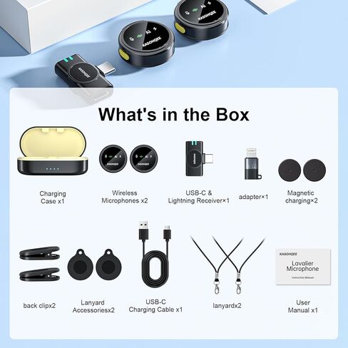 ميكروفون Lavalier لاسلكي لأجهزة iPhone 16/15/14/13 وiPad وAndroid، ميكروفون صغير بمشبك مغناطيسي مع علبة شحن، ميكروفون Lavalier وقت تشغيل يصل إلى 30 ساعة لـ Vlog TikTok، تقليل الضوضاء بالذكاء الاصطناعي in Kuwait