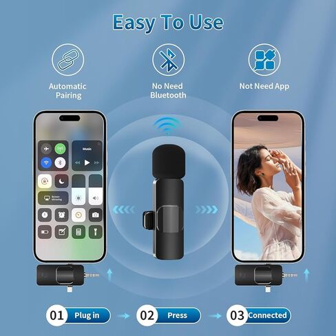 Wireless Lavalier Microphone for iPhone & Android & iPad & Camera - 2 Pack 3 in 1 Mini Microphones with Noise Reduction Lapel Mic for ​​Live Stream Content Creators Podcast in Kuwait