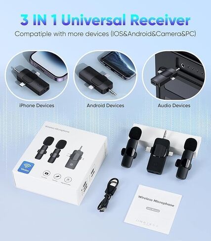 Wireless Lavalier Microphone for iPhone & Android & iPad & Camera - 2 Pack 3 in 1 Mini Microphones with Noise Reduction Lapel Mic for ​​Live Stream Content Creators Podcast in Kuwait