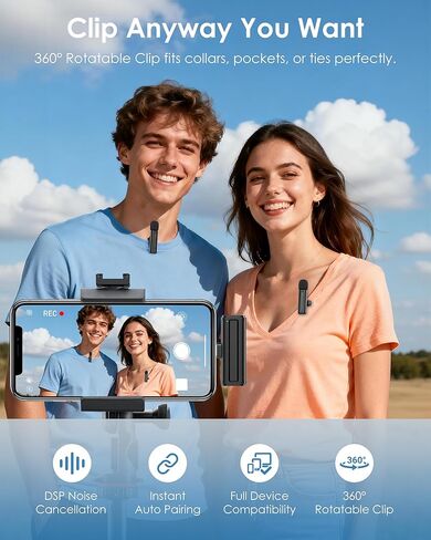 ميكروفون صغير لاسلكي لأجهزة iPhone وiPad وAndroid Phone، 2 حزمة من ميكروفون Lavalier مع مشبك قابل للدوران 360 درجة، توصيل وتشغيل ميكروفون USB-C لتقليل الضوضاء لتسجيل الفيديو لمنشئي محتوى YouTube in Saudi Arabia
