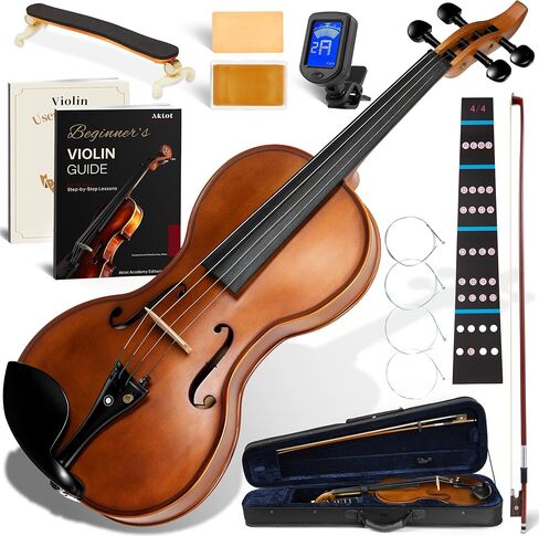 AKLOT Ergonomic Acoustic 4/4 Violin: Lesson Book, Solid Wood, Intermediate Beginner Glossy Fiddle, with Hard Case, Extra String, Bow, Shoulder Rest, Tuner, Fretboard Stickers, Full Size Adults Violen in Kuwait