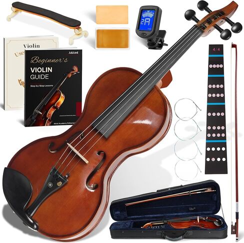 AKLOT Ergonomic Acoustic 4/4 Violin: Lesson Book, Solid Wood, Intermediate Beginner Glossy Fiddle, with Hard Case, Extra String, Bow, Shoulder Rest, Tuner, Fretboard Stickers, Full Size Adults Violen in Saudi Arabia