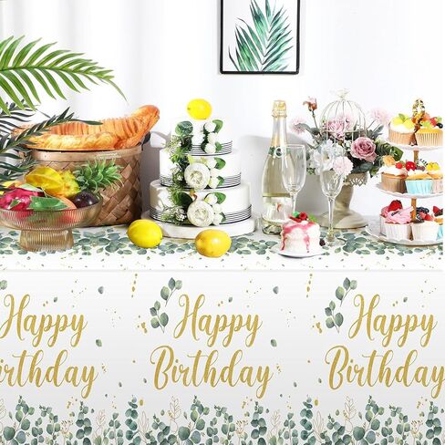 3 Pcs Sage Green Disposable Tablecloth Happy Birthday Table Cover 54 x 108 Inch Eucalyptus Leaf Plastic Table Cloth Greenery Birthday Party Decorations for Boys Girls Women Men in Kuwait