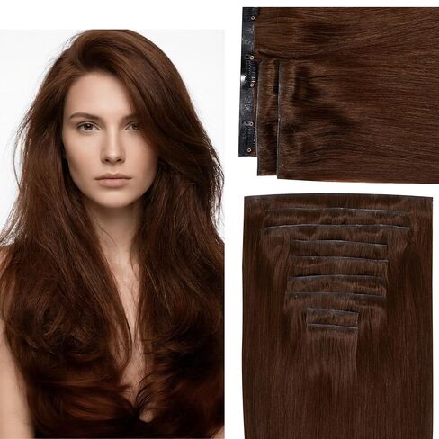 Amoy Hair Invisi-Edge Injected Seamless Clip in Hair Extensions, 16 Inch 110g 9Pcs Remy Human Hair Dark Brown, Ultra Thin PU Skin Weft Invisible Clip Ins Straight Hair Extensions for Women in Kuwait