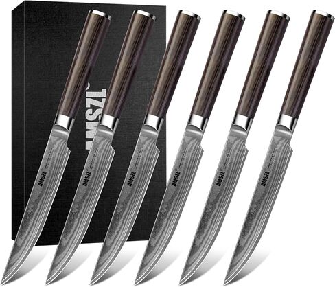 Steak Knives - Set of 6 - Damascus - 5.5" - Japanese VG10 Core Steel Forged Straight Edge - Pakka Handle - Gift Box in Saudi Arabia