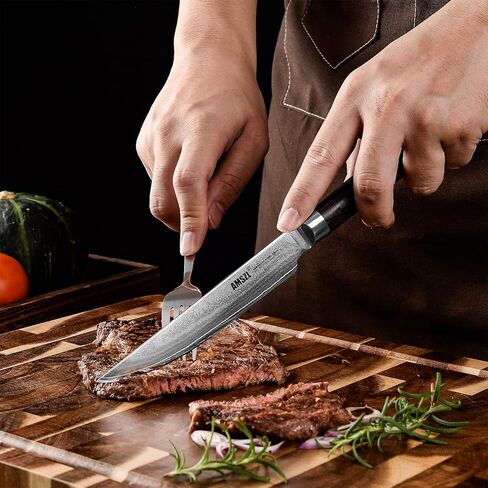 Steak Knives - Set of 6 - Damascus - 5.5" - Japanese VG10 Core Steel Forged Straight Edge - Pakka Handle - Gift Box in Saudi Arabia