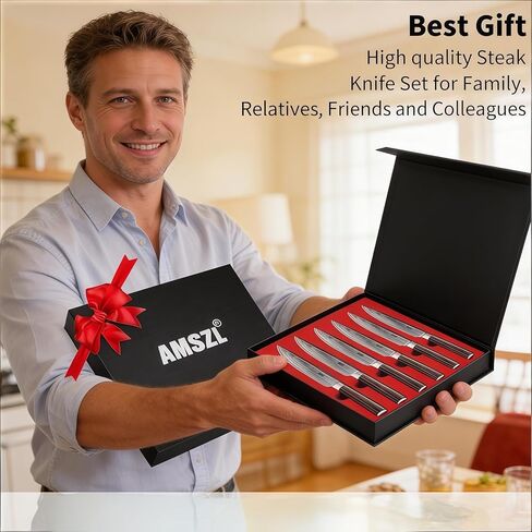 Steak Knives - Set of 6 - Damascus - 5.5" - Japanese VG10 Core Steel Forged Straight Edge - Pakka Handle - Gift Box in Saudi Arabia