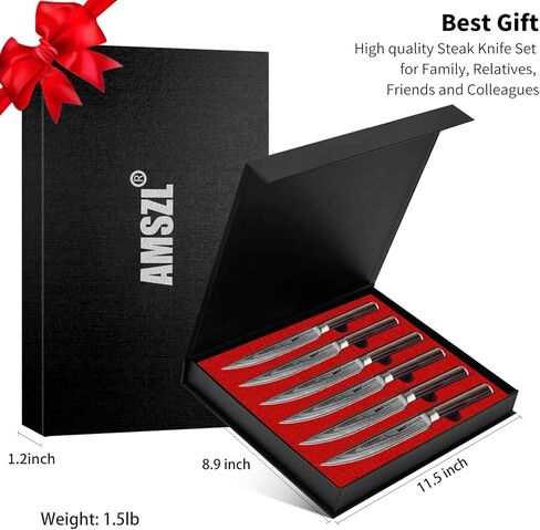 Steak Knives - Set of 6 - Damascus - 5.5" - Japanese VG10 Core Steel Forged Straight Edge - Pakka Handle - Gift Box in Saudi Arabia