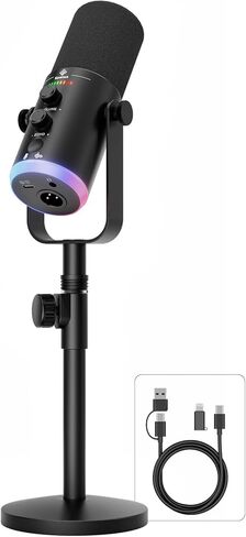 ميكروفون بودكاست ديناميكي USB/XLR مزود بإضاءة RGB وميكروفون لبث ألعاب الكمبيوتر مع زر كتم الصوت ومقبس سماعة الرأس وحامل سطح المكتب TX2 in Kuwait