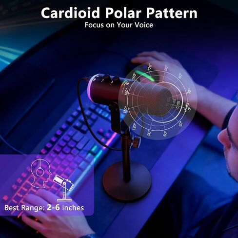 ميكروفون بودكاست ديناميكي USB/XLR مزود بإضاءة RGB وميكروفون لبث ألعاب الكمبيوتر مع زر كتم الصوت ومقبس سماعة الرأس وحامل سطح المكتب TX2 in Kuwait
