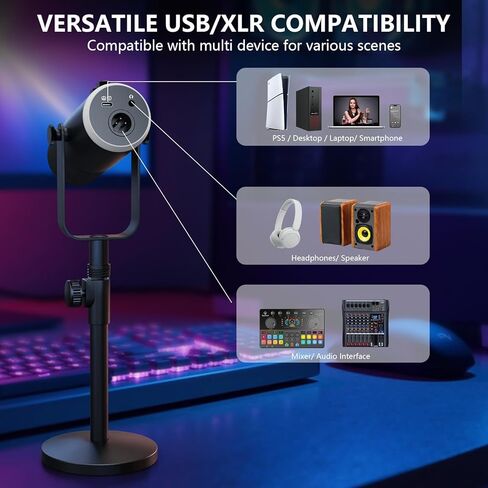 ميكروفون بودكاست ديناميكي USB/XLR مزود بإضاءة RGB وميكروفون لبث ألعاب الكمبيوتر مع زر كتم الصوت ومقبس سماعة الرأس وحامل سطح المكتب TX2 in Kuwait