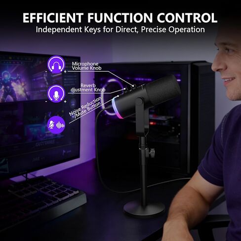 ميكروفون بودكاست ديناميكي USB/XLR مزود بإضاءة RGB وميكروفون لبث ألعاب الكمبيوتر مع زر كتم الصوت ومقبس سماعة الرأس وحامل سطح المكتب TX2 in Kuwait