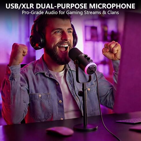 ميكروفون بودكاست ديناميكي USB/XLR مزود بإضاءة RGB وميكروفون لبث ألعاب الكمبيوتر مع زر كتم الصوت ومقبس سماعة الرأس وحامل سطح المكتب TX2 in Kuwait