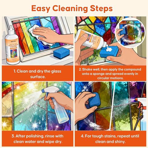 مركب تشطيب طلاء الزجاج الملون، ملمع ومنظف احترافي للزجاج الملون، يستعيد اللمعان الرائع ويحمي اللمسة النهائية، ويزيل طبقة زيت تشويه الأكسدة للفنانين والهواة in Kuwait