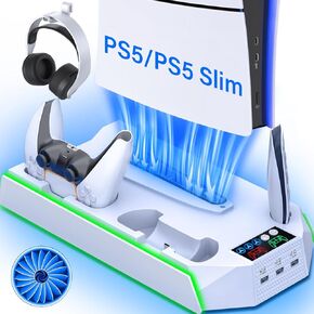 PS5 / PS5 Slim Cooling Station with Controller Charging Station - LED Light Cooling Stand for PlayStation 5 Slim Disc/Digital Console, Accessories Incl RGB Light/Cooler Fan/3 USB Hubs/Headset Holder in Kuwait