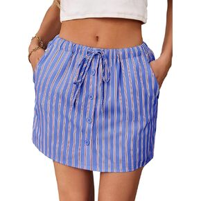 Fisoew Womens Summer Striped Mini Skirts Casual Drawstring Elastic Waist Button Cute Y2K Skorts Shorts in Kuwait