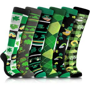Geyoga 6 Pairs St. Patrick's Day Compression Socks for Women Men Green Knee High Irish Shamrock Clover Socks Bulk Novelty Holiday Outfits for Running Work Baseball Softball Football Teens Adults in Kuwait