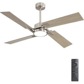 WINGBO 48 Inch Ceiling Fan with Light and Remote, 4 Plywood Blades, 6-Speed Reversible DC Motor, Dimmable, 3CCT, Farmhouse Ceiling Fan for Bedroom Living Room Kitchen, Brass and White/Oak in Saudi Arabia