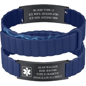 Plus Size Medical Bracelet for Men & Women - Custom Engraved ID Two-Tone Silicone MḁGnetḭC Strap Comfy Fit Medic Alert Bracelets for Emergency, 6"-8.3" Adjustable Waterproof Wristband for Diabetic in Kuwait