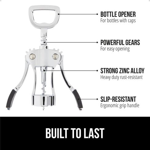 GORILLA GRIP BPA-Free Premium Wine Opener, Easy to Use Smooth Zinc Alloy Wing Corkscrew, Multifunctional Bottle Openers Remove Corks, Caps, Sharp Cork Screw, Dishwasher Safe, Bar Essentials, Black in Saudi Arabia