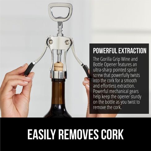 GORILLA GRIP BPA-Free Premium Wine Opener, Easy to Use Smooth Zinc Alloy Wing Corkscrew, Multifunctional Bottle Openers Remove Corks, Caps, Sharp Cork Screw, Dishwasher Safe, Bar Essentials, Black in Saudi Arabia