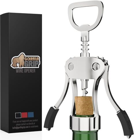 GORILLA GRIP BPA-Free Premium Wine Opener, Easy to Use Smooth Zinc Alloy Wing Corkscrew, Multifunctional Bottle Openers Remove Corks, Caps, Sharp Cork Screw, Dishwasher Safe, Bar Essentials, Black in Saudi Arabia