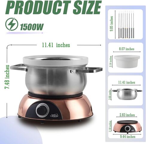 Artestia Swiss Design 1500W Electric Fondue Pot Set for Melting Chocolate Cheese Pot Sets with Temperature Control for Oil Broth Fondue Party, 8 Colored Fondue Forks in Kuwait