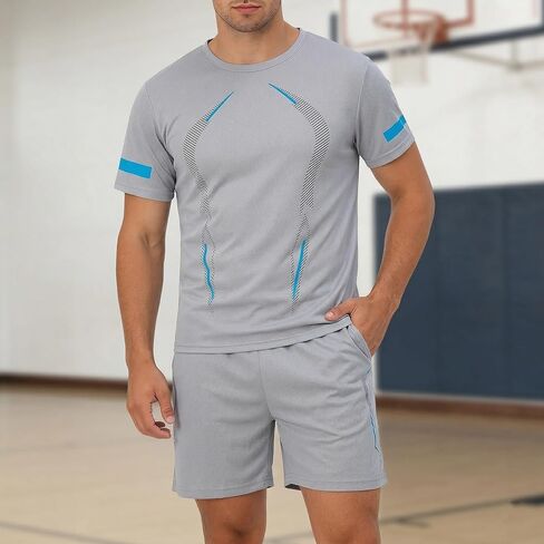 Men's 2-Piece Sport Tracksuit Set Performance Short Sleeve T-Shirt & Workout Shorts with Side Stripes Gym Training Outfit in Saudi Arabia